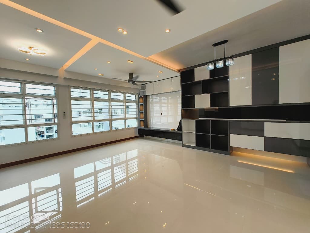Completed interior fit-out with custom cabinetry, polished flooring, and integrated lighting